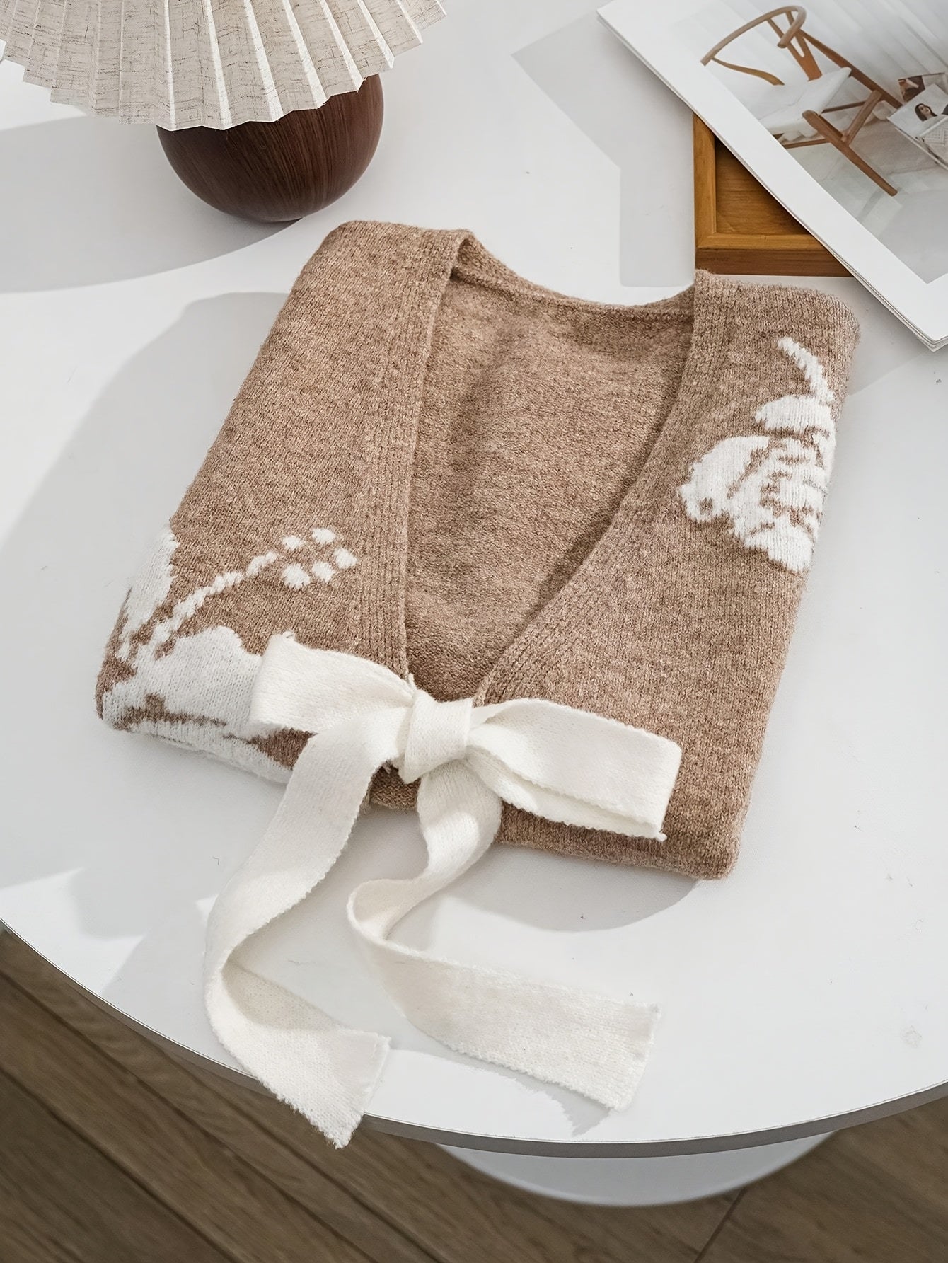 Beige Floral Jacquard Vest with Tie-Front Detail