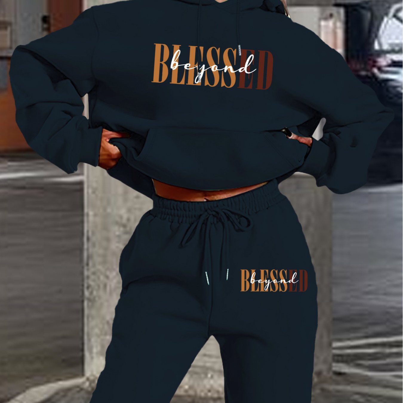 “Blessed" Letter Print Hoodie & Jogger Set