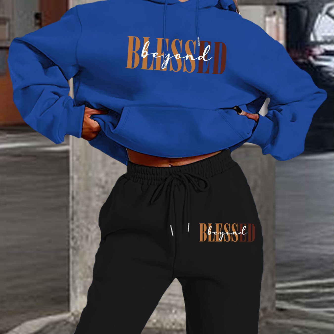 “Blessed" Letter Print Hoodie & Jogger Set