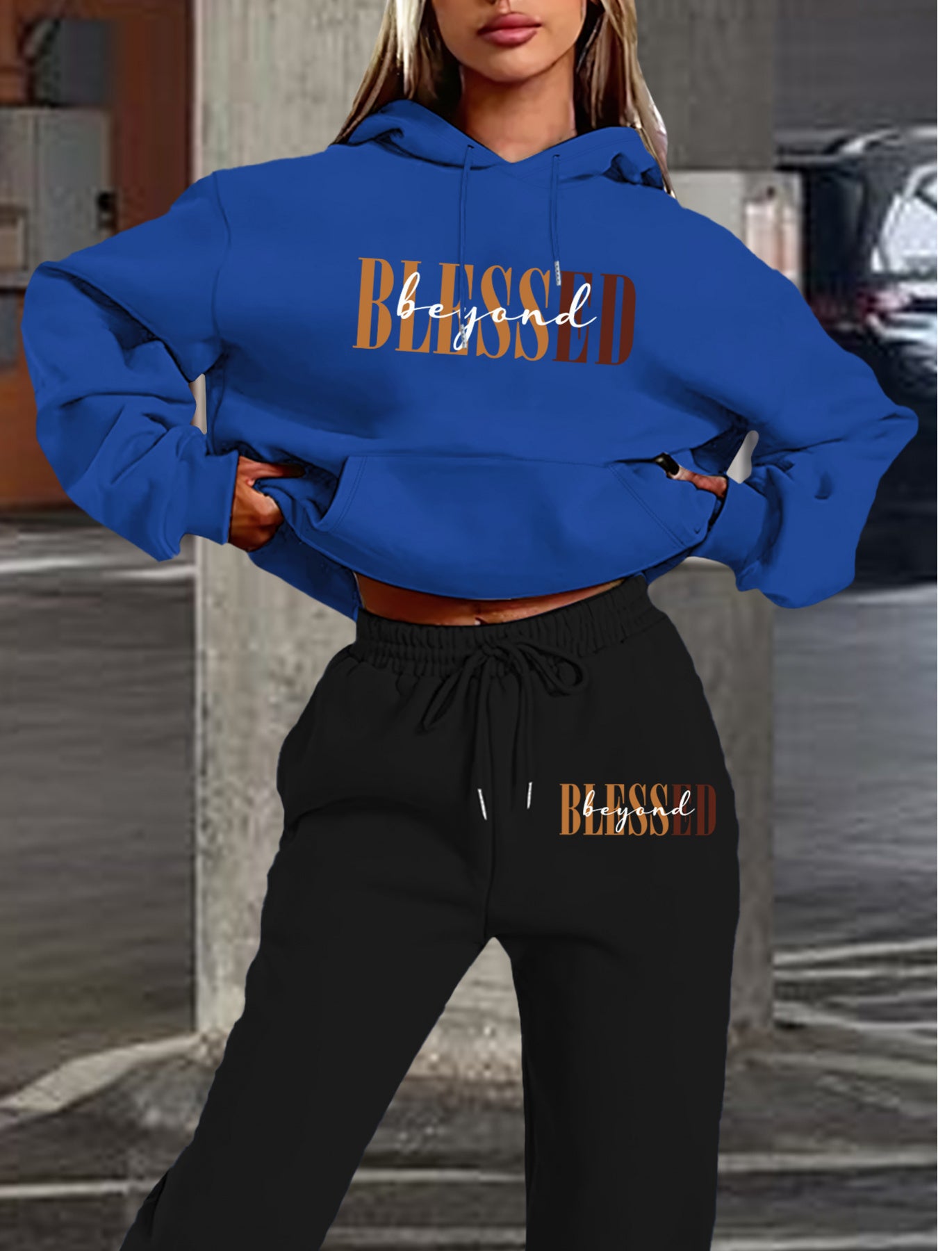 “Blessed" Letter Print Hoodie & Jogger Set