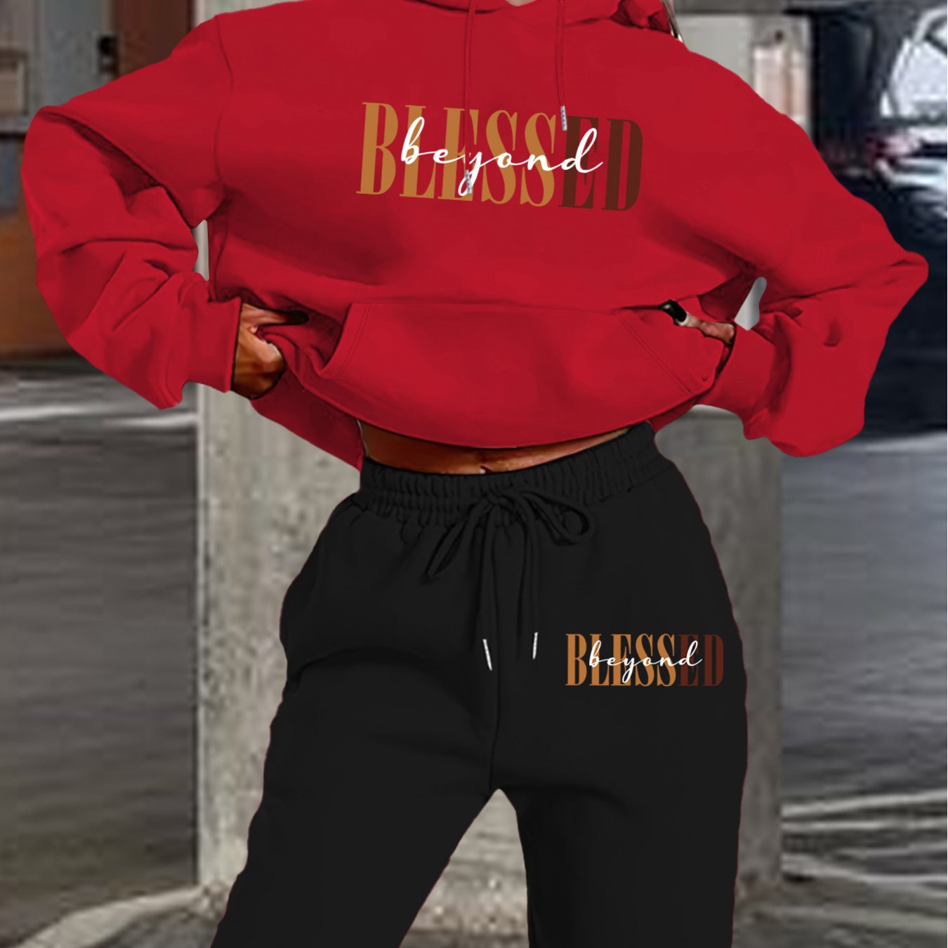 “Blessed" Letter Print Hoodie & Jogger Set