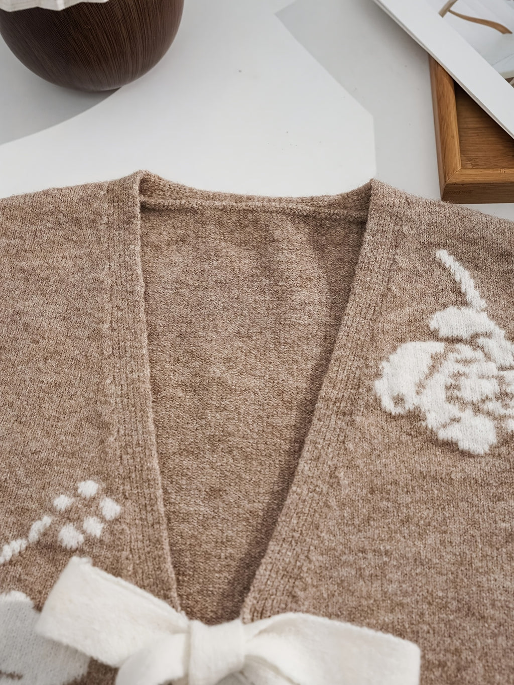 Beige Floral Jacquard Vest with Tie-Front Detail