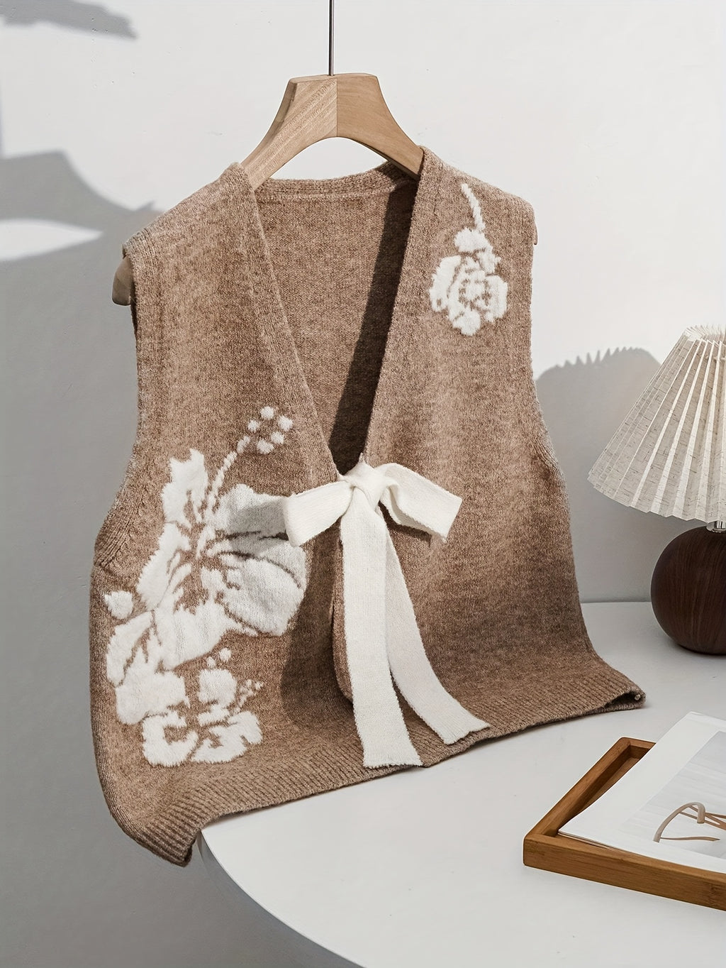 Beige Floral Jacquard Vest with Tie-Front Detail