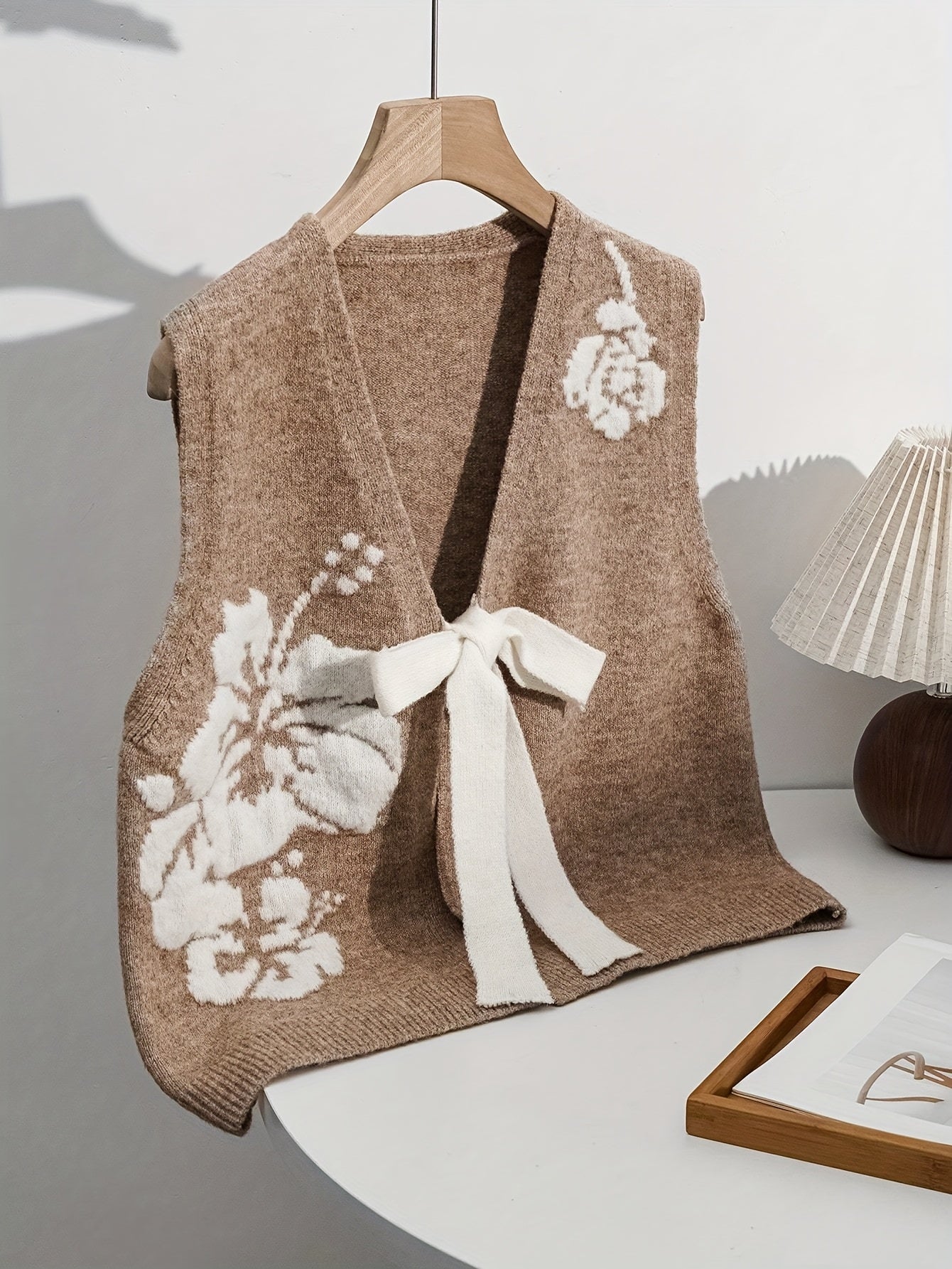 Beige Floral Jacquard Vest with Tie-Front Detail