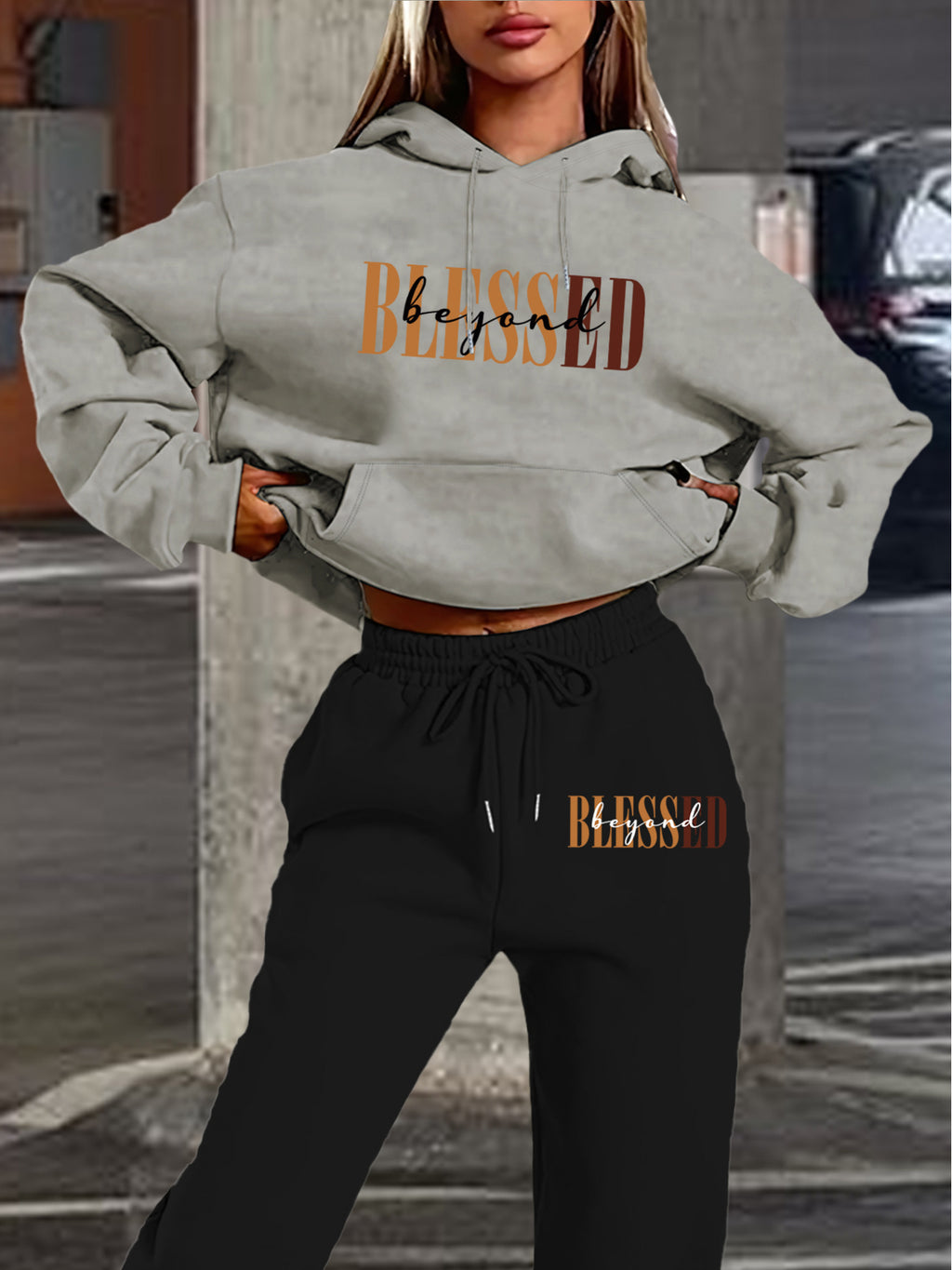 “Blessed" Letter Print Hoodie & Jogger Set