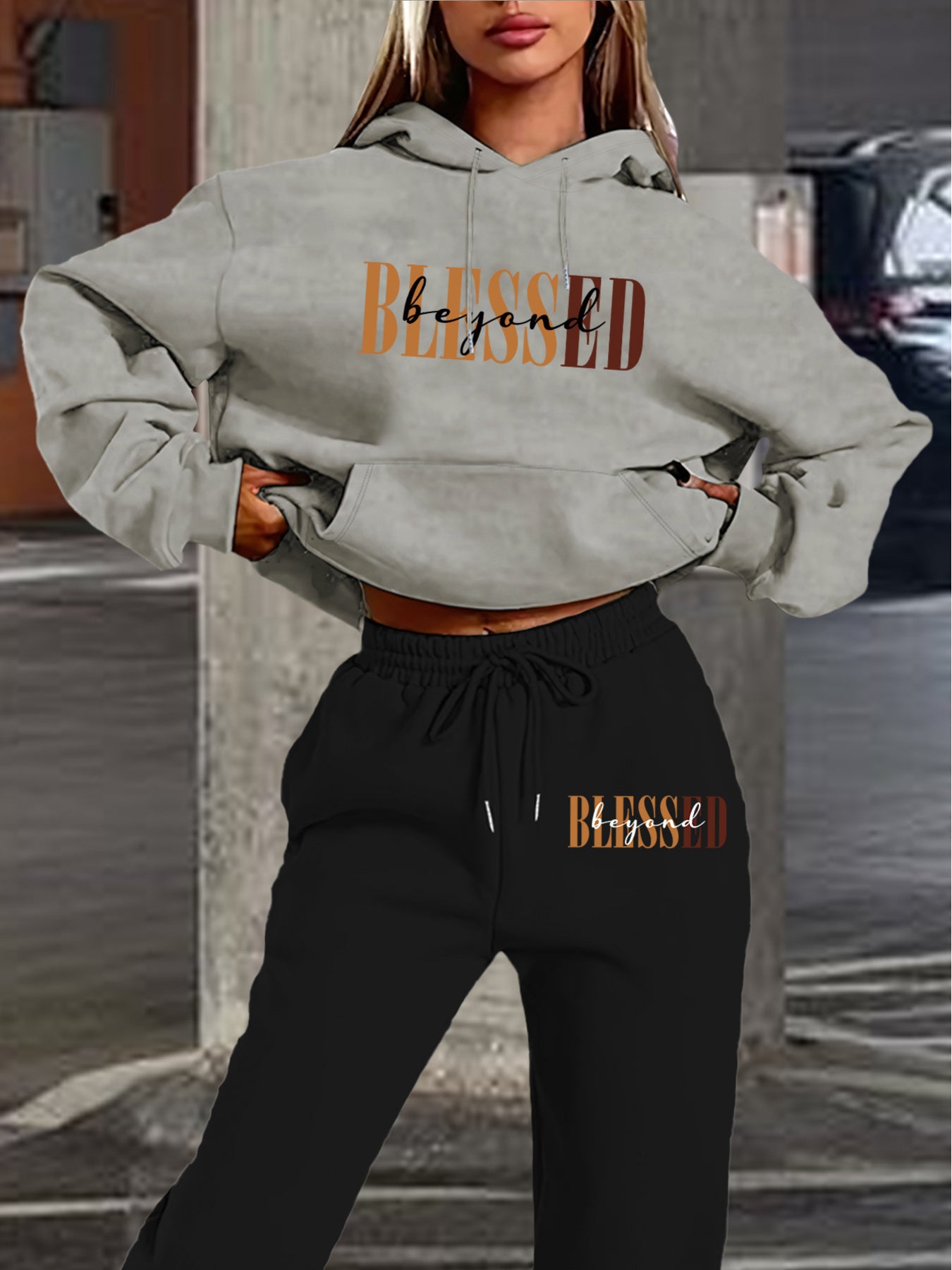 “Blessed" Letter Print Hoodie & Jogger Set