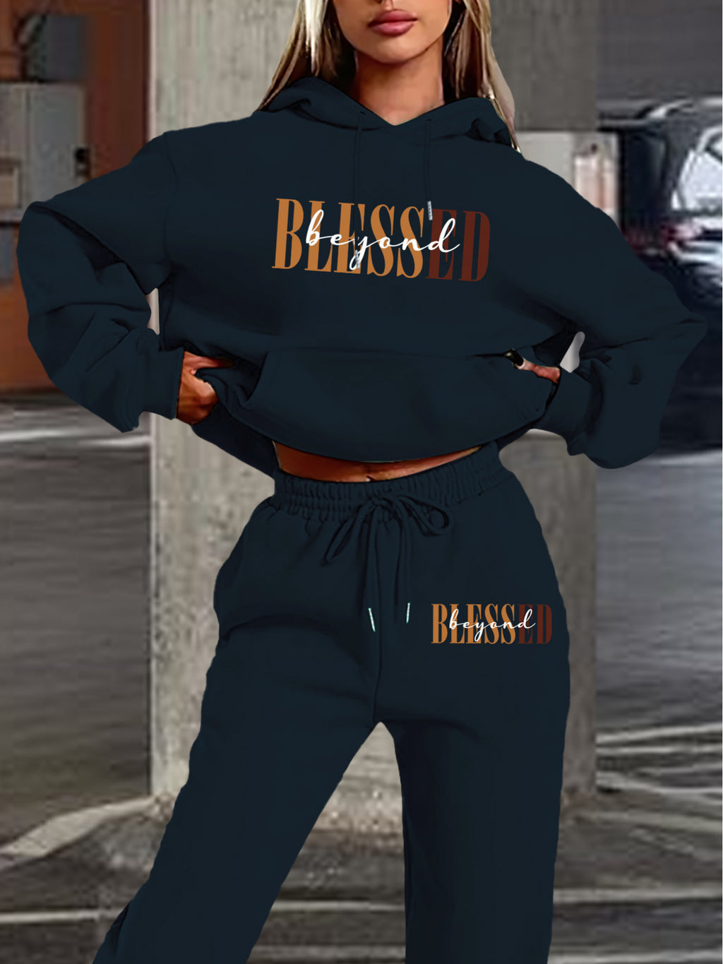 “Blessed" Letter Print Hoodie & Jogger Set