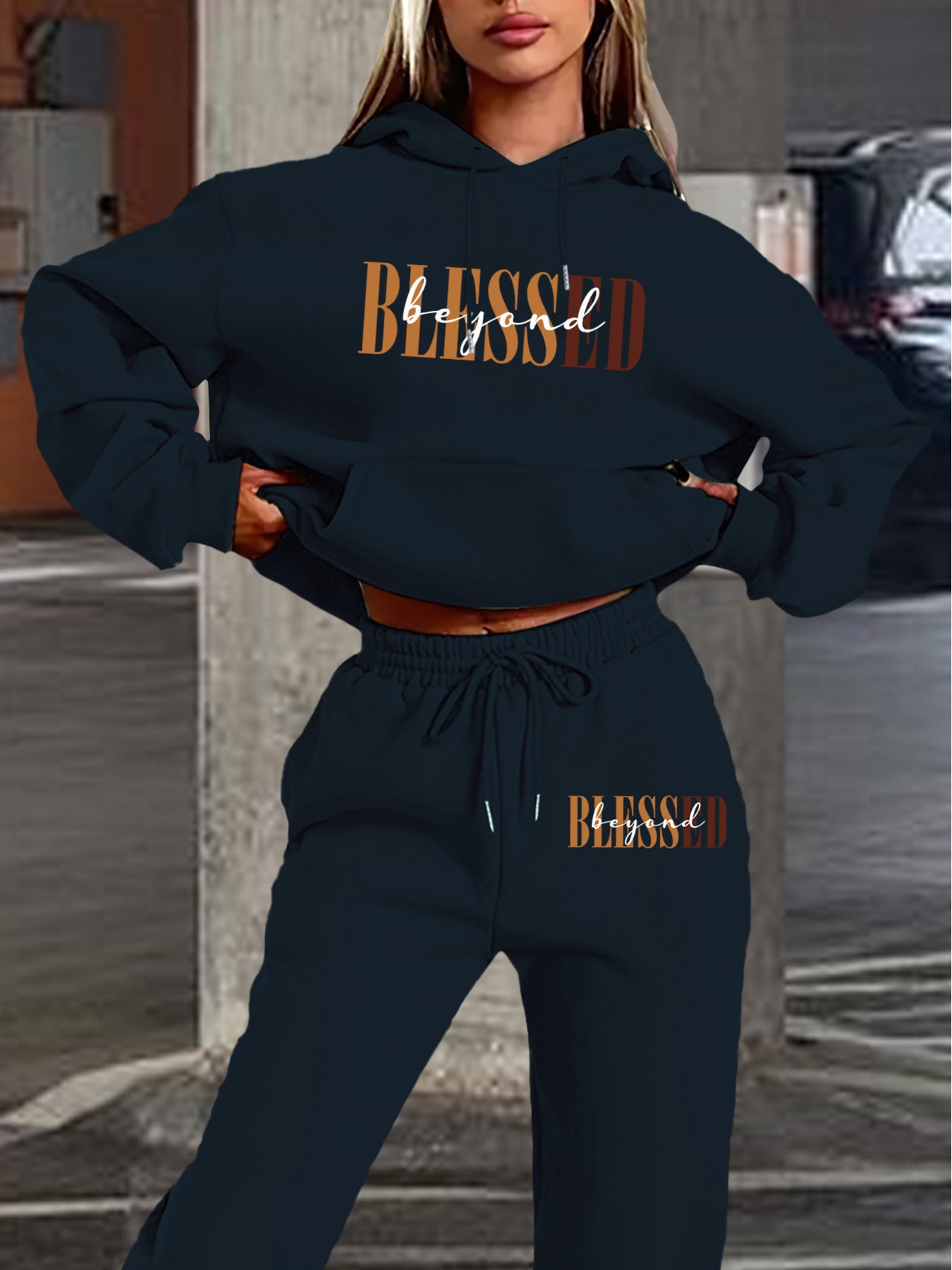 “Blessed" Letter Print Hoodie & Jogger Set