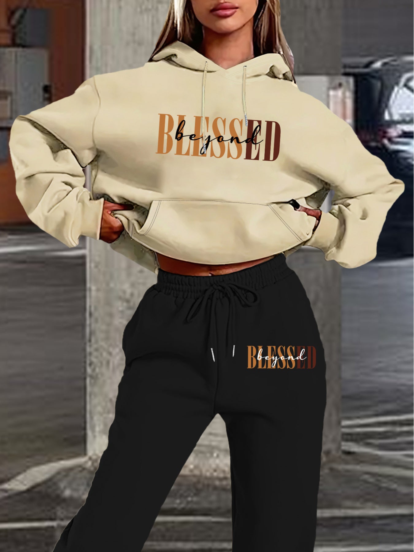 “Blessed" Letter Print Hoodie & Jogger Set