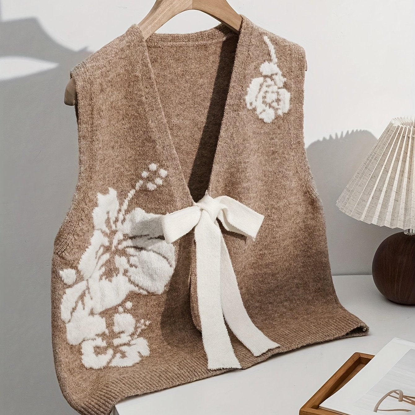 Beige Floral Jacquard Vest with Tie-Front Detail