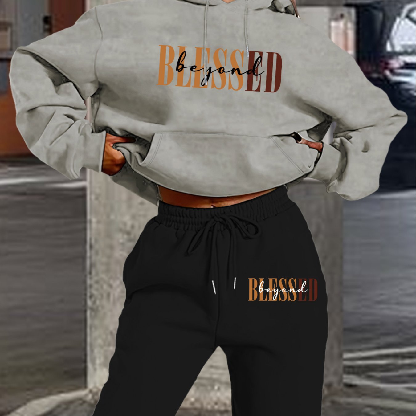 “Blessed" Letter Print Hoodie & Jogger Set