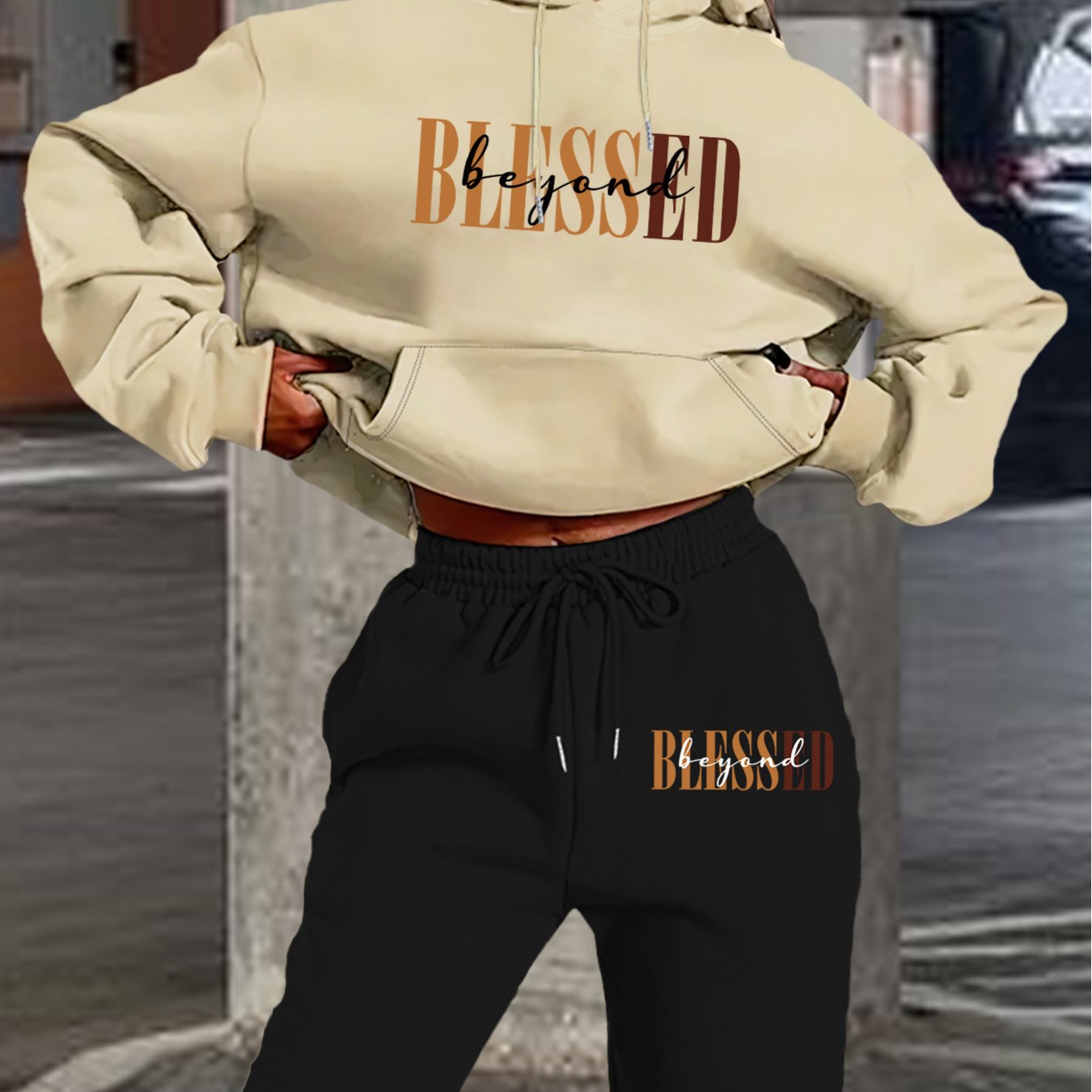 “Blessed" Letter Print Hoodie & Jogger Set