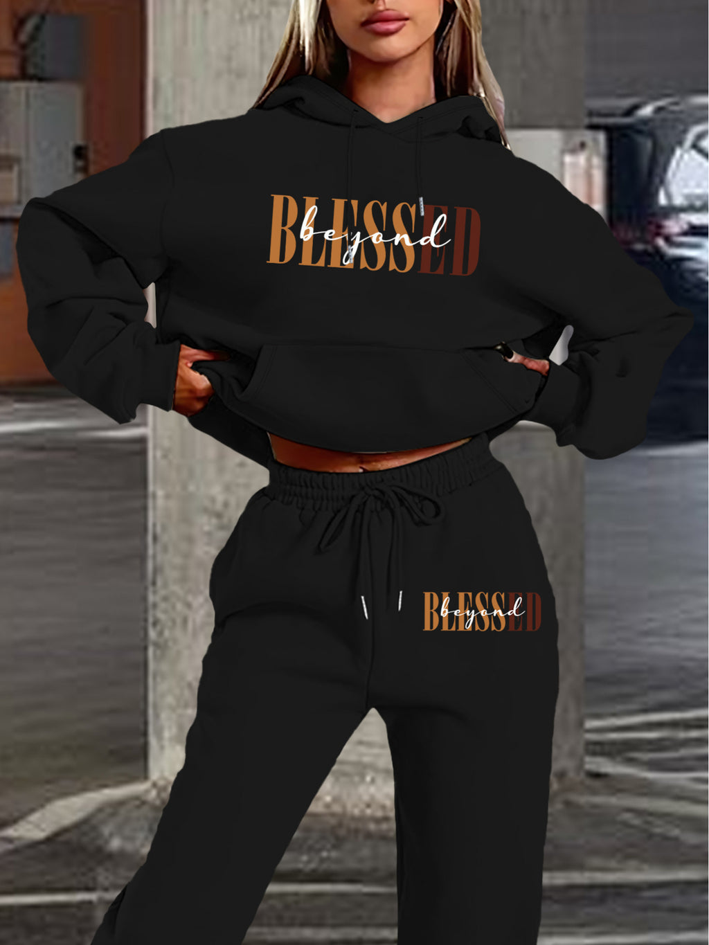 “Blessed" Letter Print Hoodie & Jogger Set