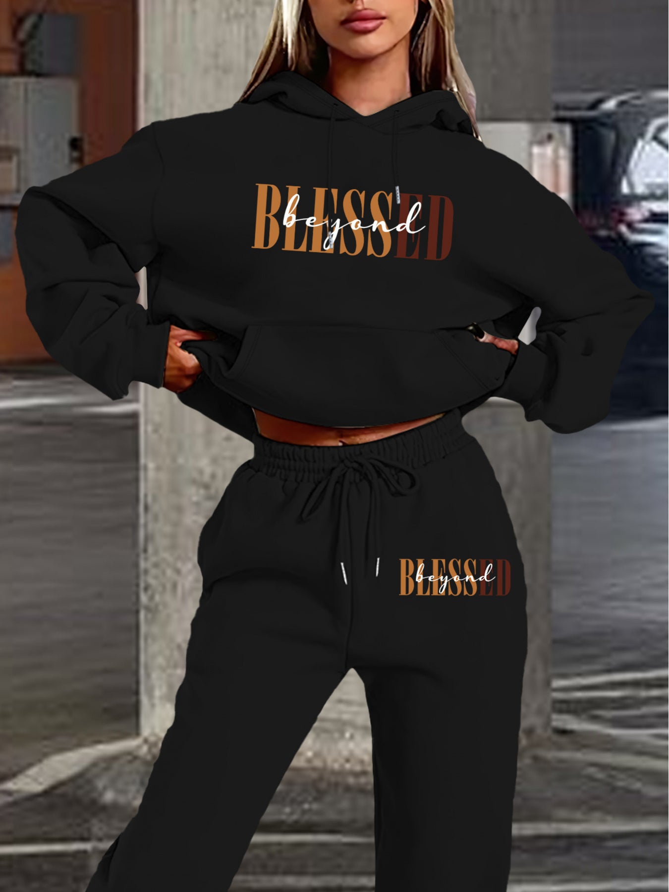 “Blessed" Letter Print Hoodie & Jogger Set