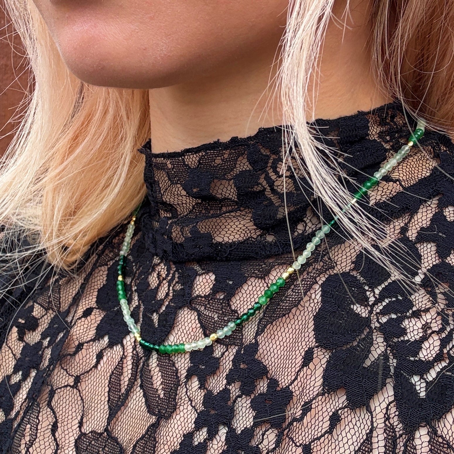 Milos Mixed Gemstone Beaded Necklace  Prehnite, Moss Agate & Green Aventurine