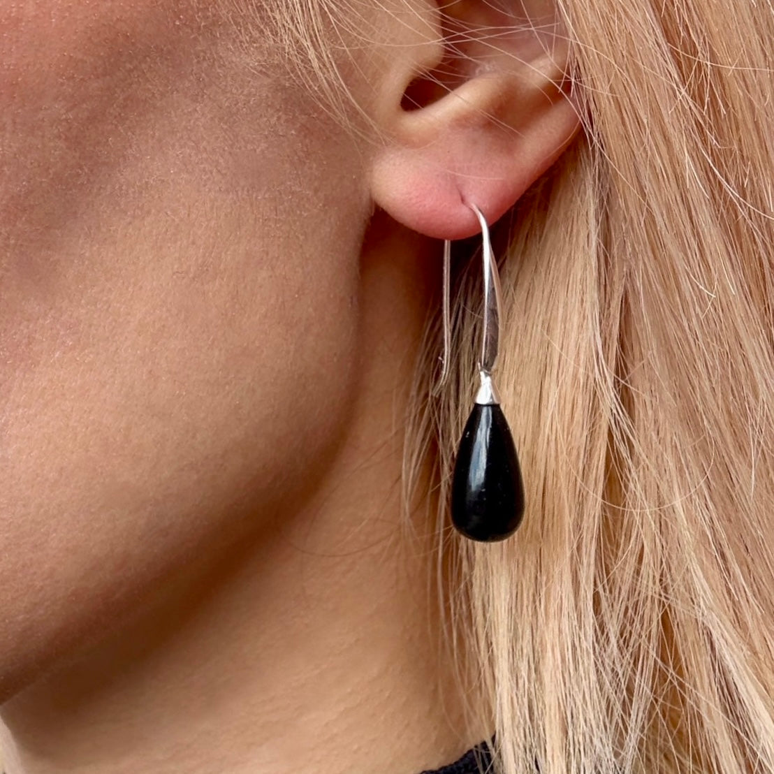 Hera Polished Stone Drop Earrings Silver Black Onyx