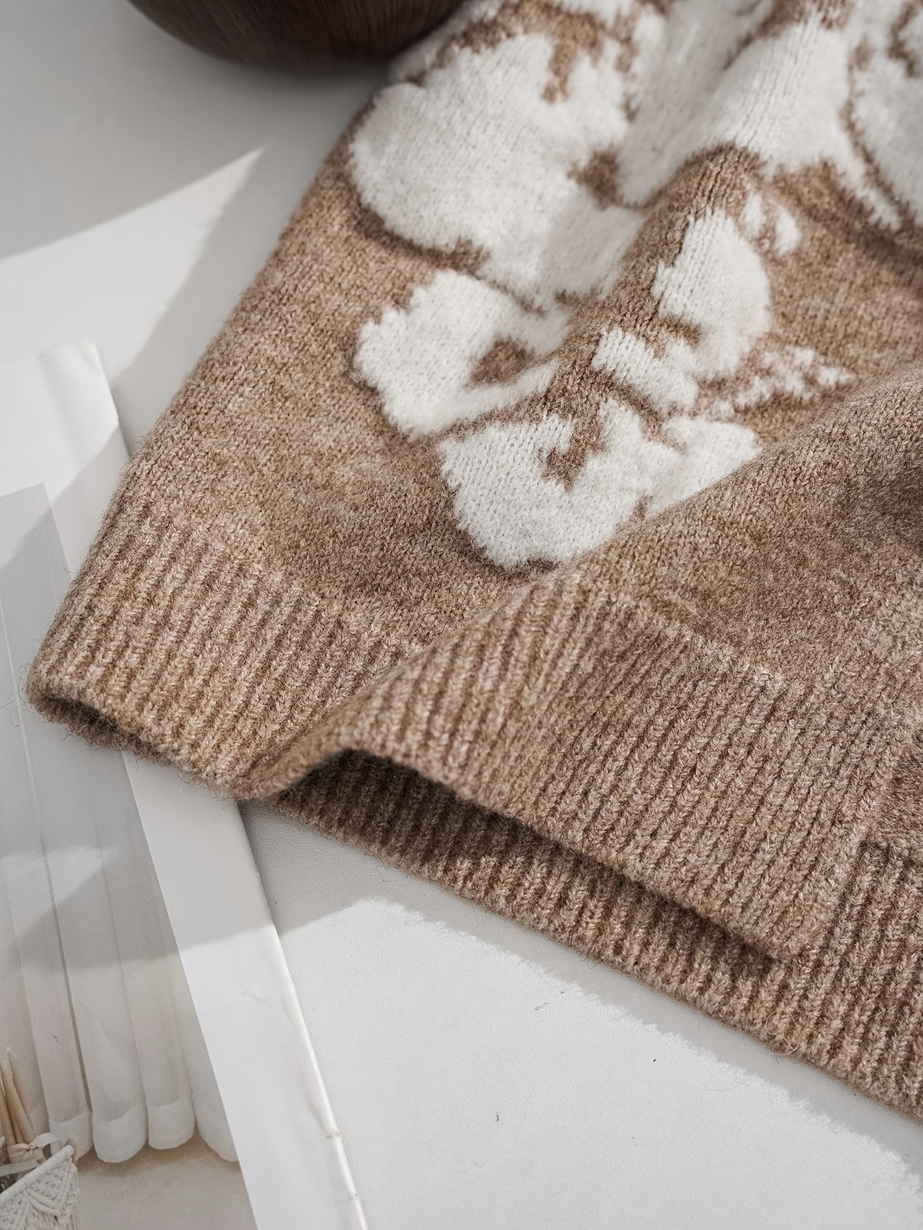 Beige Floral Jacquard Vest with Tie-Front Detail