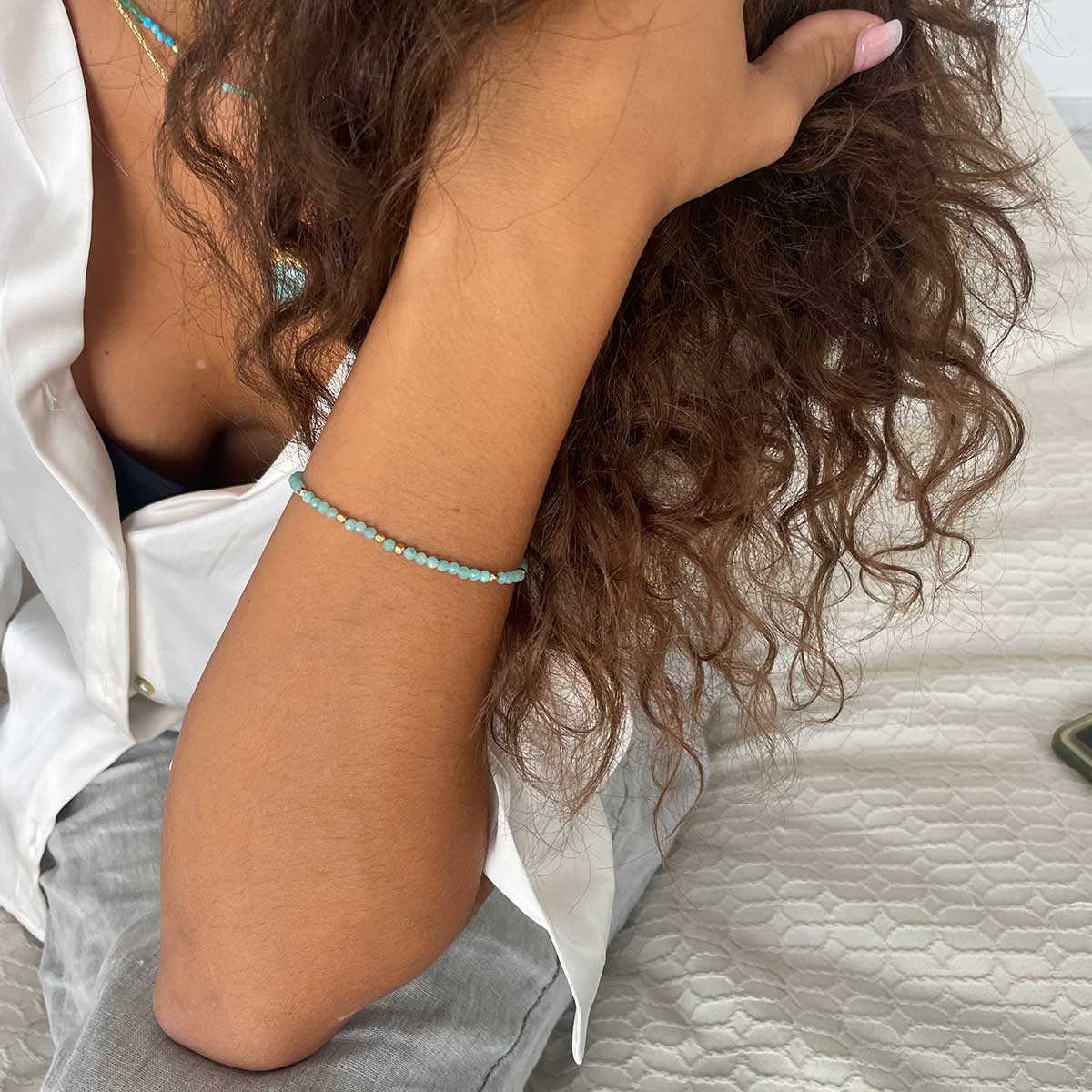 Milos Gemstone and Gold Bead Bracelet Amazonite