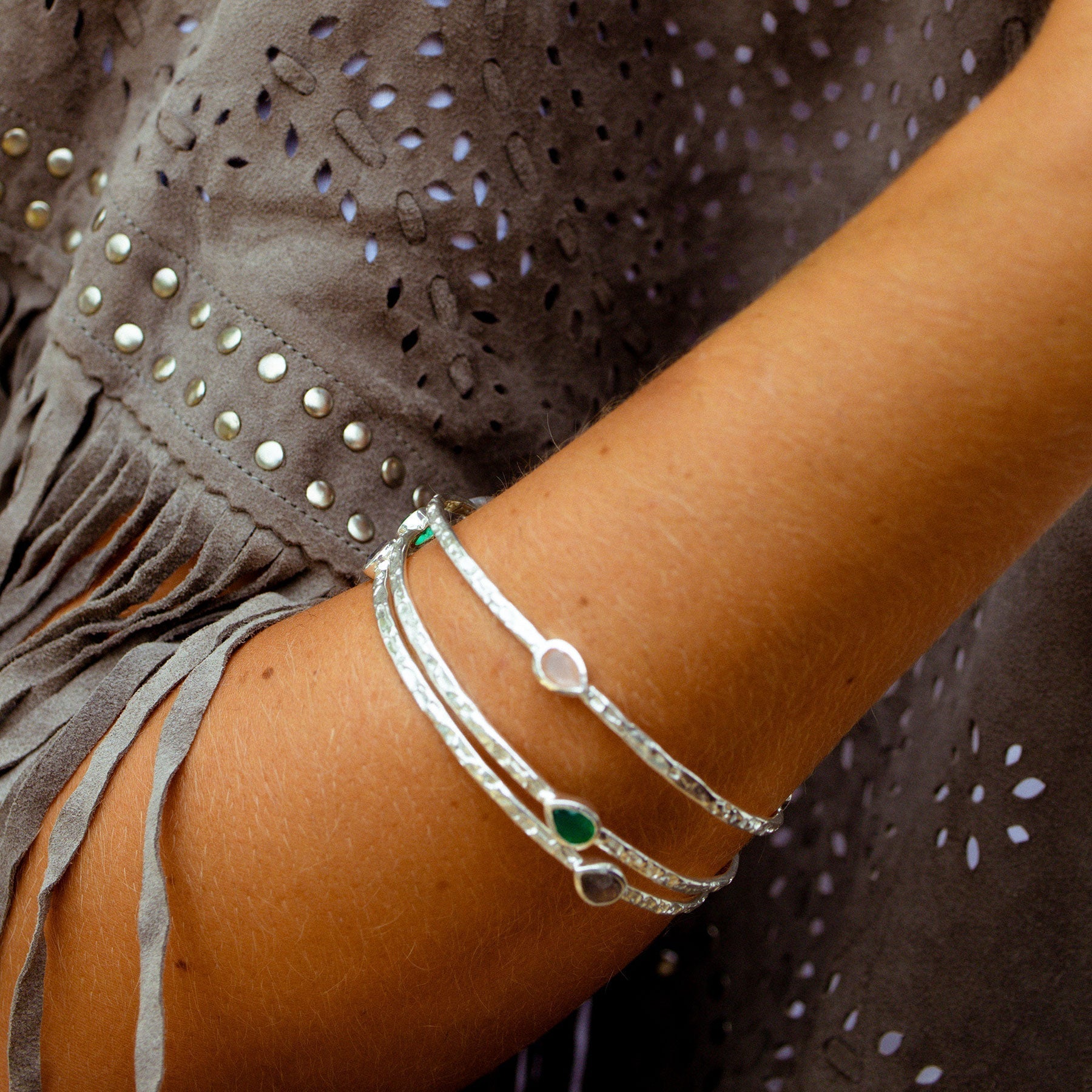 Simi Three Stone Stacking Bangle: Silver Green Onyx