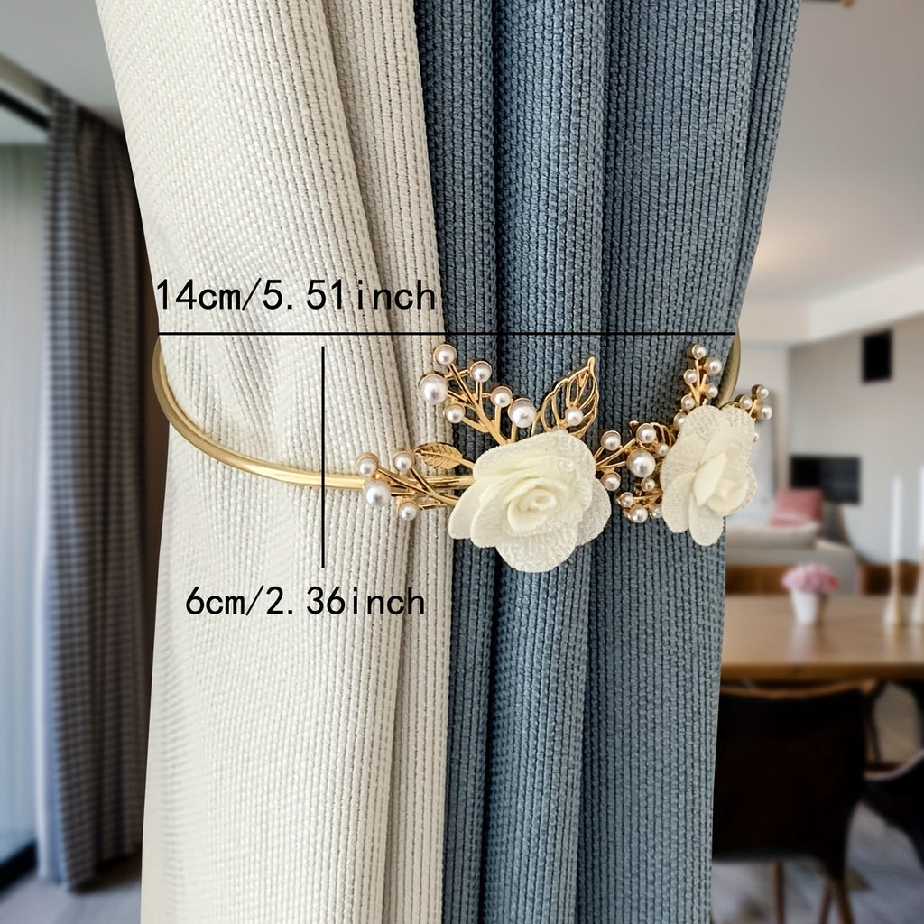 Metal Faux Pearl Curtain Holdback with Three-dimensional Flower Design