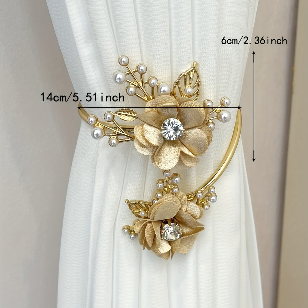 Metal Faux Pearl Curtain Holdback with Three-dimensional Flower Design