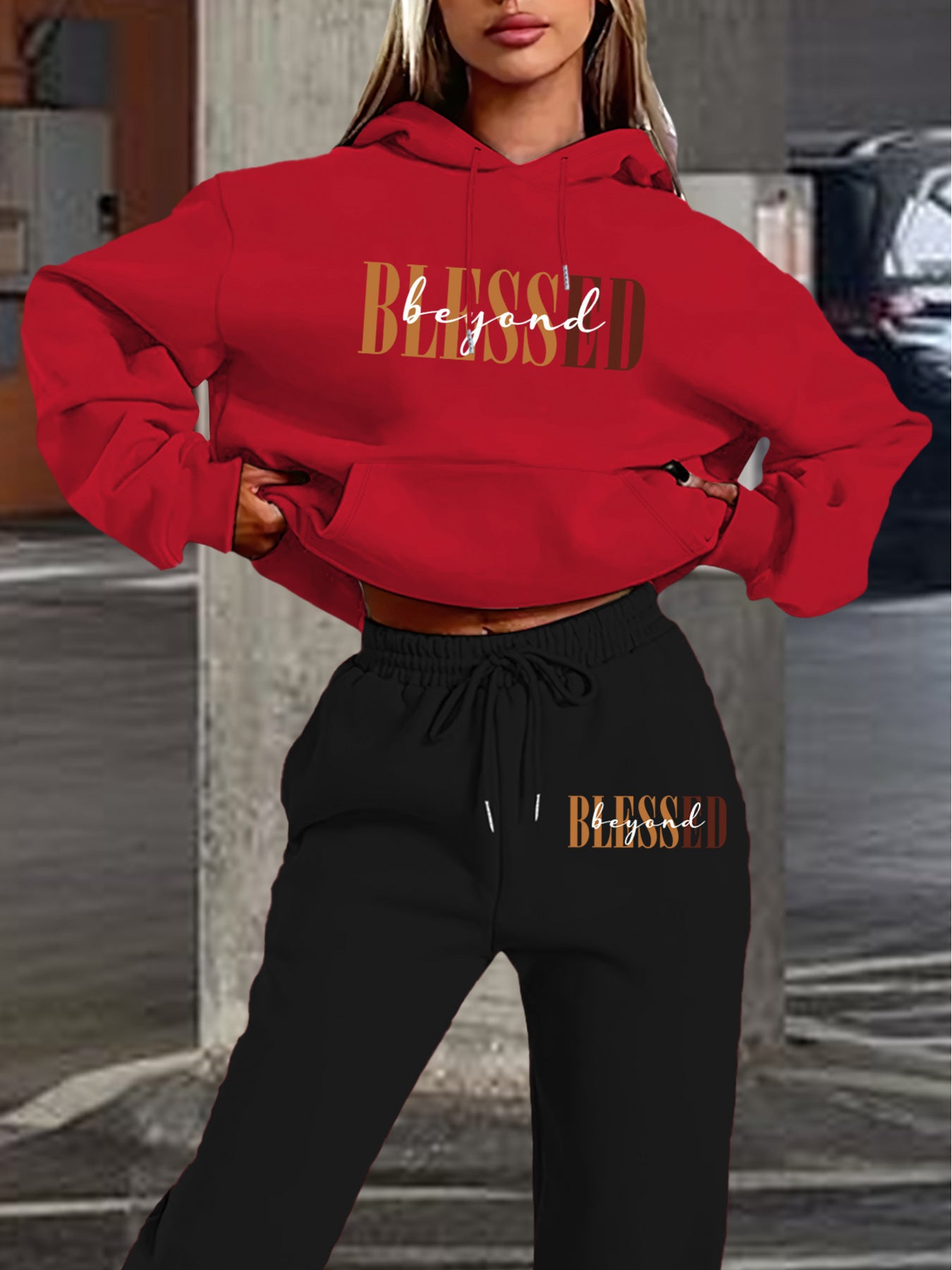 “Blessed" Letter Print Hoodie & Jogger Set