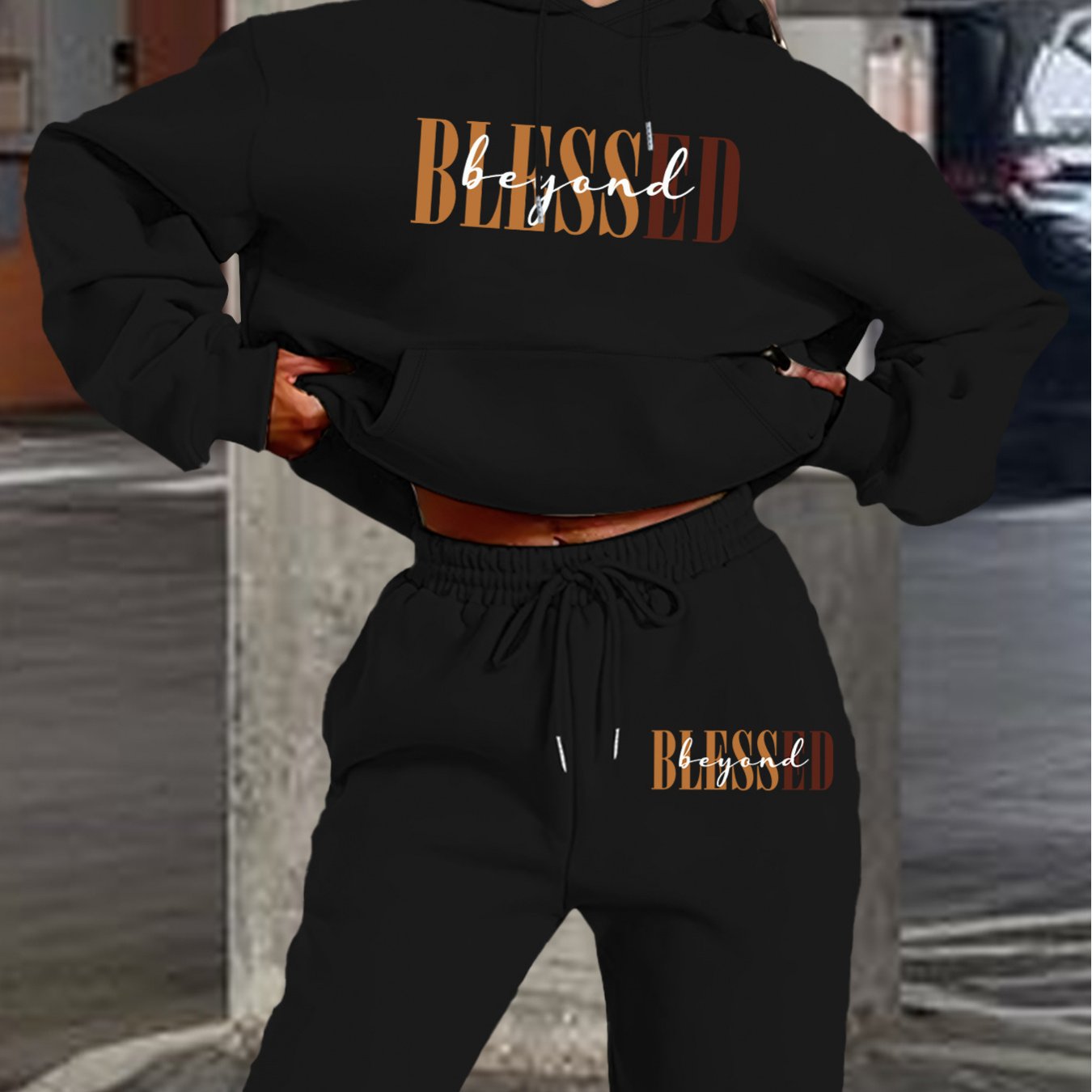 “Blessed" Letter Print Hoodie & Jogger Set